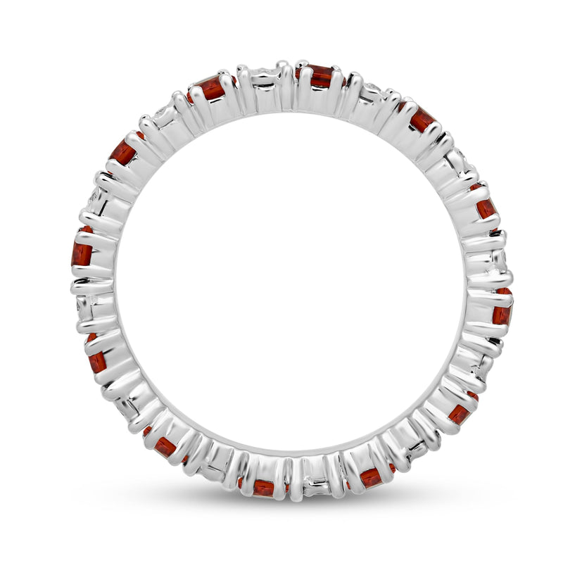 Jewelili Sterling Silver Garnet Cubic Zirconia & 1/20 CTTW Natural White Round Diamonds Full Eternity Stackable Ring