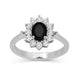 Load image into Gallery viewer, Jewelili Sterling Silver Created Black Sapphire &amp; 1/20 CTTW Natural White Round Diamonds Flower Halo Engagement Ring
