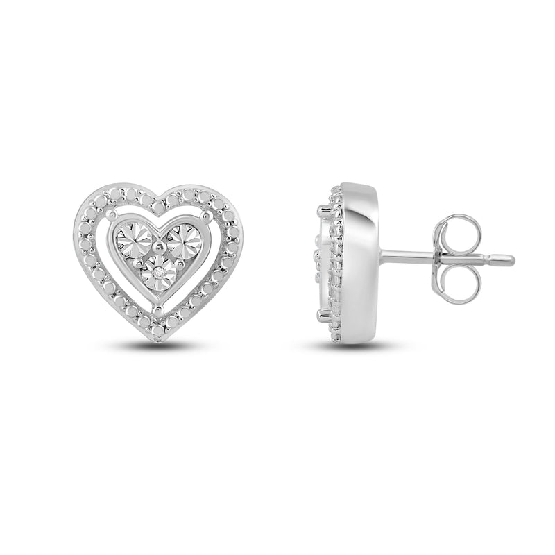 Jewelili Sterling Silver Small Round Halo Miracle Plate Natural White Round Diamond Heart Stud Earrings
