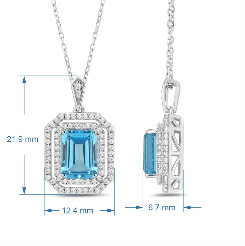 Jewelili Sterling Silver Octagon Cut Swiss Blue Topaz and Round Created White Sapphire Pendant Necklace