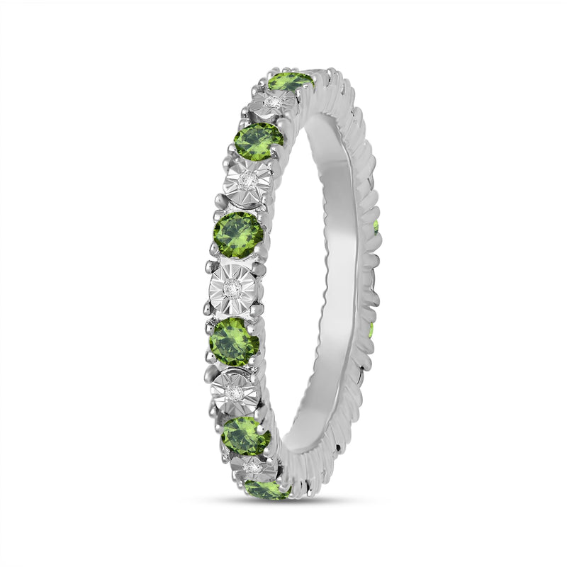 Jewelili Sterling Sliver Peridot Cubic Zirconia and 1/20 Cttw Natural White Round Diamond Full Eternity Stackable Engagement Ring