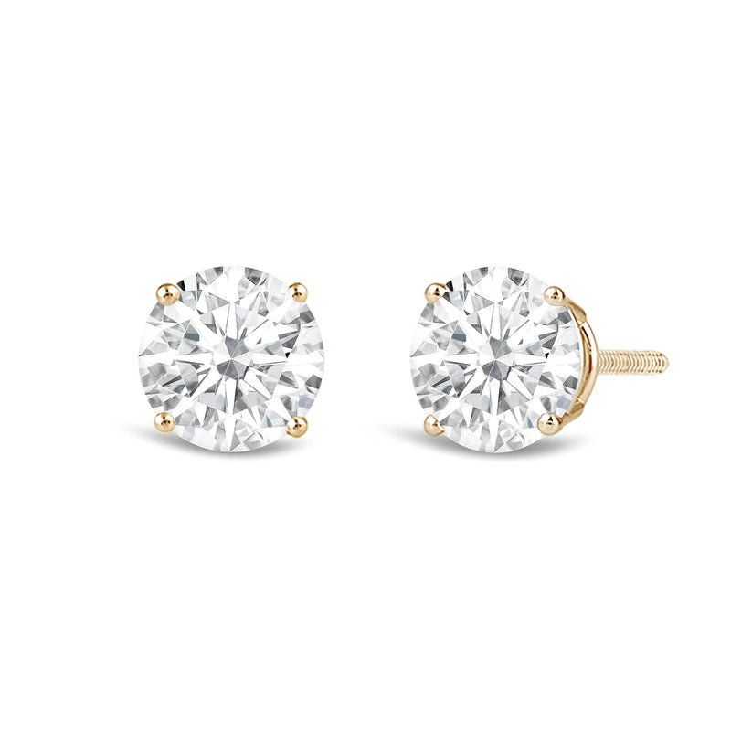 Jewelili 14K Solid Yellow Gold Classic Four Prong Stud Earrings | IGI Certified Round Cut Lab Grown Diamond | Screw Back Posts | 2.0 CTW (F Color, SI2 Clarity) | With Gift Box