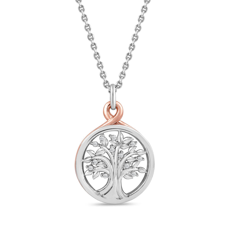 Jewelili 10K Rose Gold and Sterling Silver Natural White Round Diamond Tree of Life Pendant Necklace