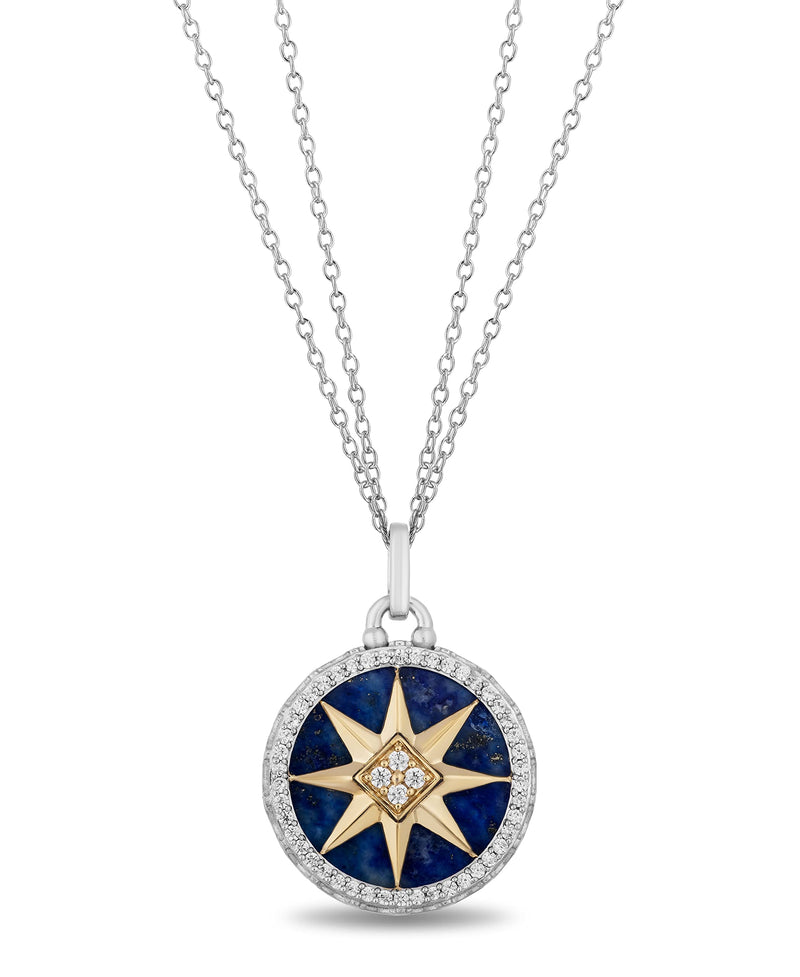 Jewelili 14K Yellow Gold and Sterling Silver 16 MM Lapis Lazuli with 1/4 Cttw Natural White Round Diamond Star Pendant Necklace