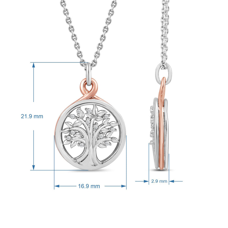 Jewelili 10K Rose Gold and Sterling Silver Natural White Round Diamond Tree of Life Pendant Necklace