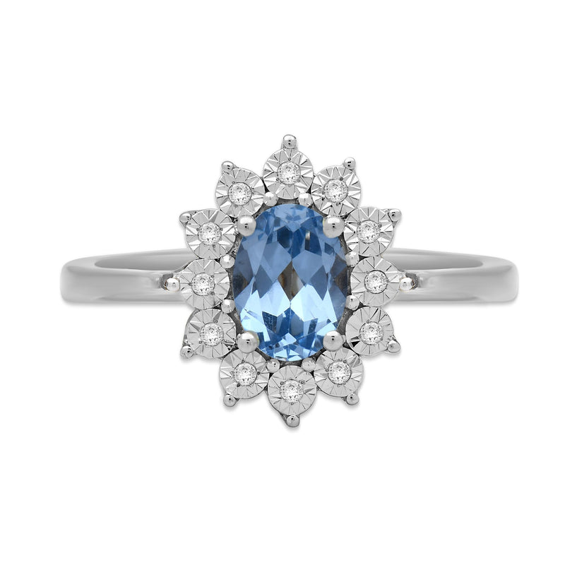 Jewelili Sterling Sliver Created Aqua spinal and 1/20 Cttw Natural White Round Diamond Halo Engagement Ring