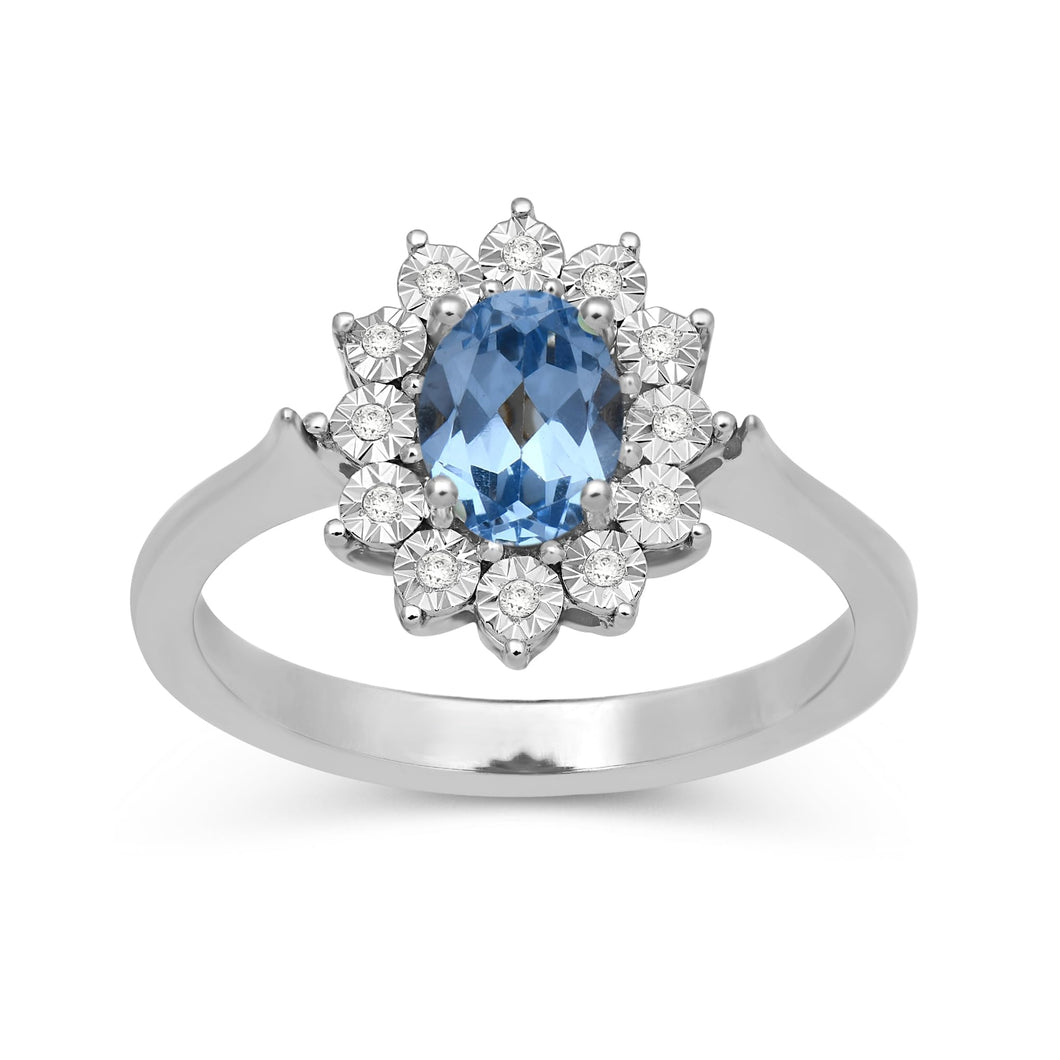 Jewelili Sterling Sliver Created Aqua spinal and 1/20 Cttw Natural White Round Diamond Halo Engagement Ring