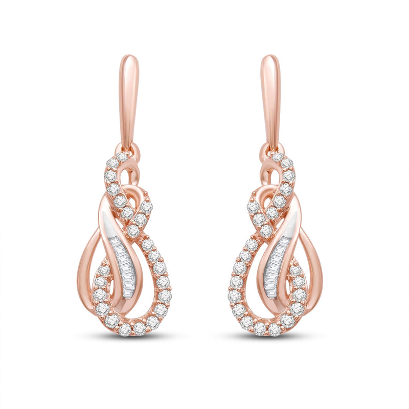 Jewelili 10K Rose Gold 1/3 Cttw Natural White Round and Baguette Diamonds Dangle Earrings