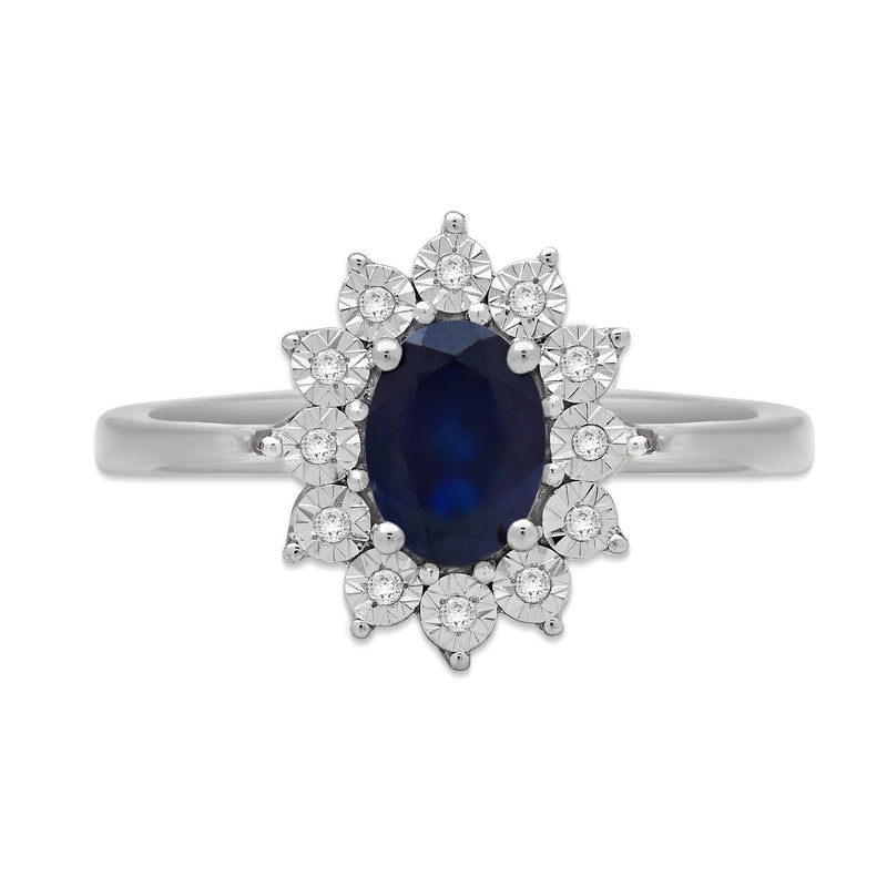 Jewelili Sterling Silver Created Blue Sapphire 1/20 CTTW Natural White Round Diamonds Flower Halo Engagement Ring