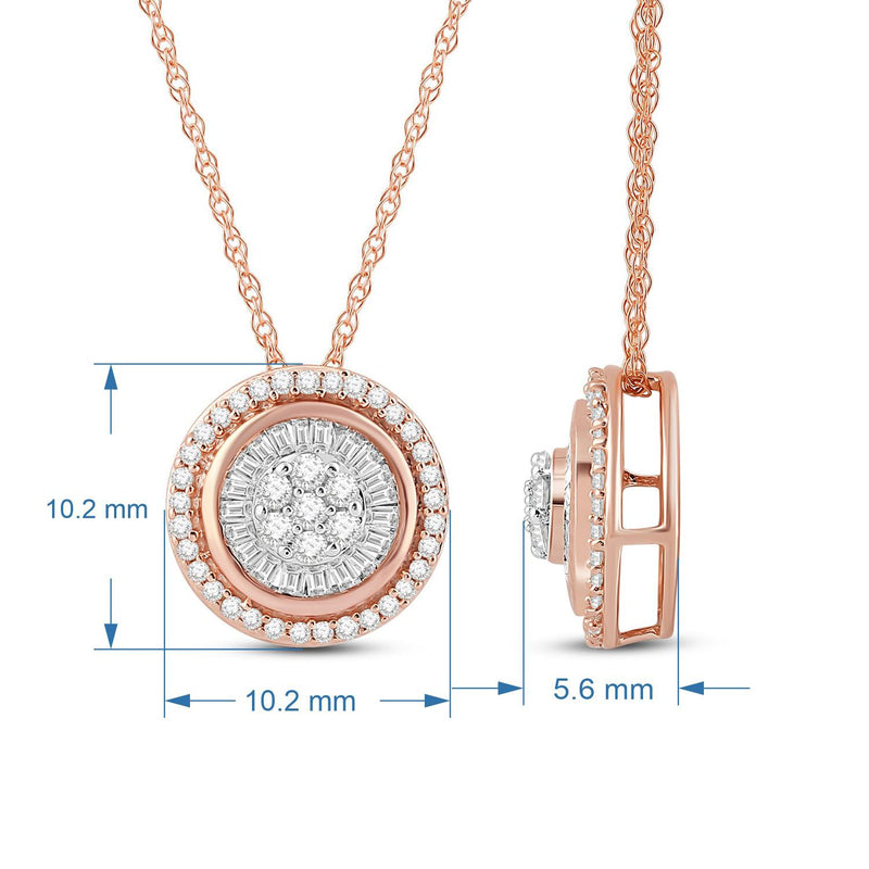 Jewelili 10K Rose Gold 1/4 Cttw Natural White Round and Baguette Diamond Pendant Necklace