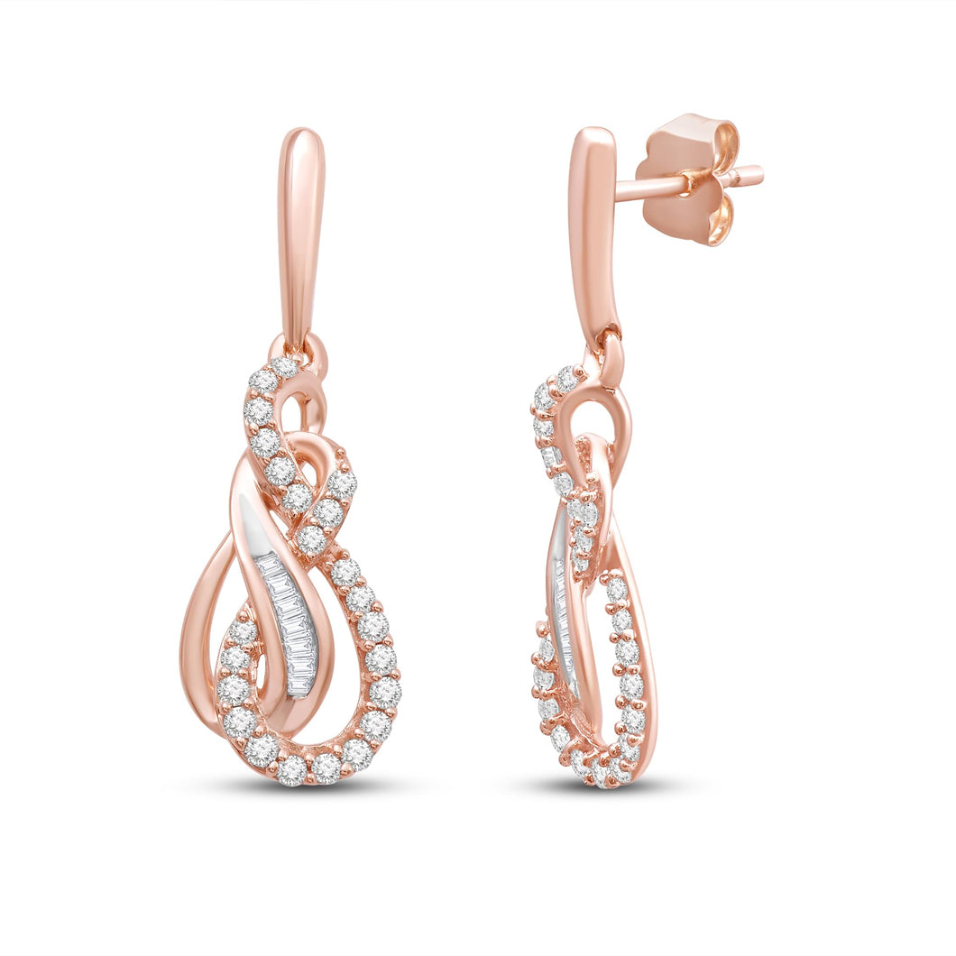Jewelili 10K Rose Gold 1/3 Cttw Natural White Round and Baguette Diamonds Dangle Earrings