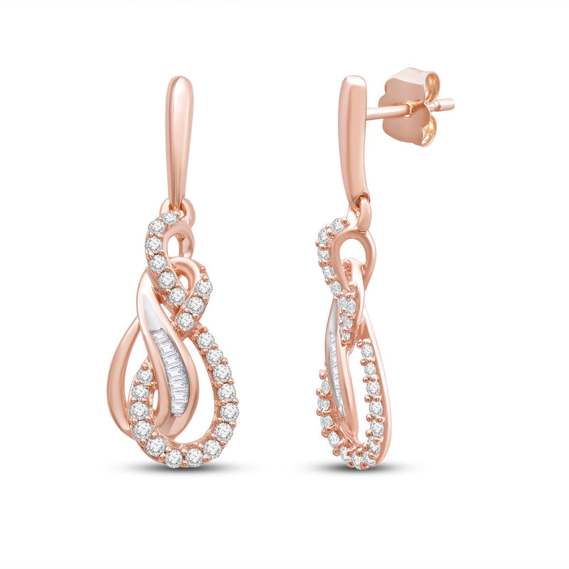 Jewelili 10K Rose Gold 1/3 Cttw Natural White Round and Baguette Diamonds Dangle Earrings