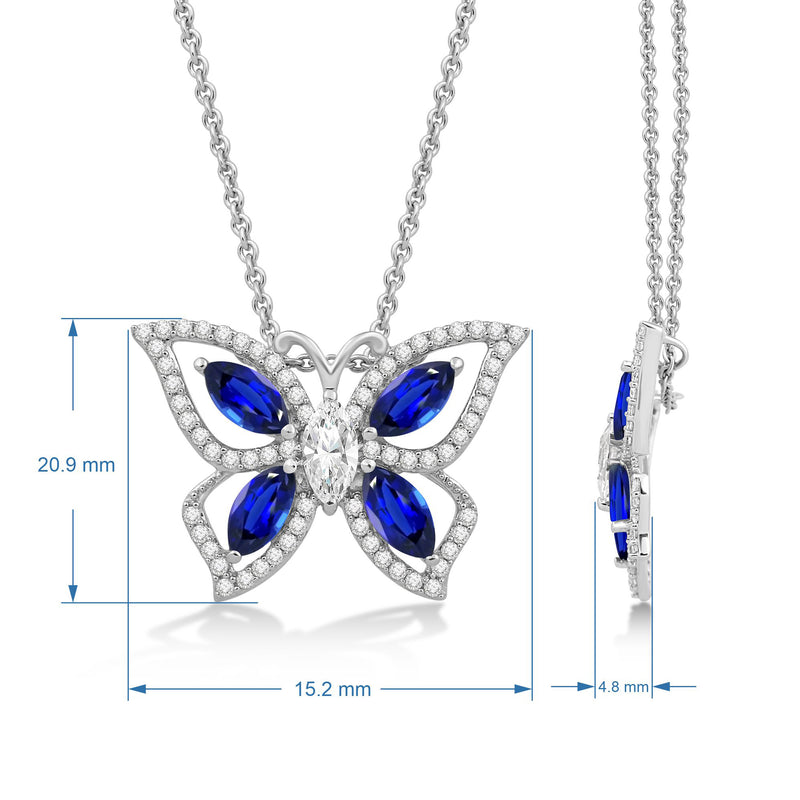 Jewelili Sterling Silver with Created Blue Sapphire and Created White Sapphire Butterfly Pendant Necklace