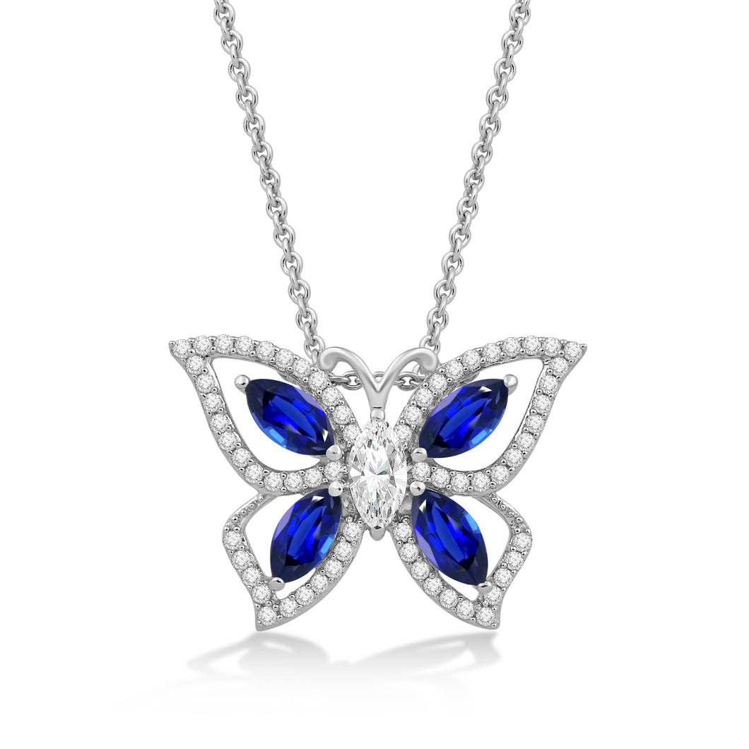 Jewelili Sterling Silver with Created Blue Sapphire and Created White Sapphire Butterfly Pendant Necklace