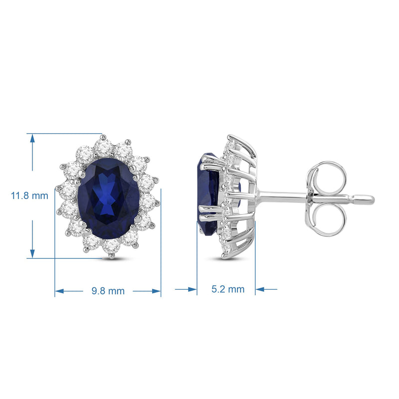 Jewelili Sterling Silver with Created Blue Sapphire and Created White Sapphire Halo Stud Earrings