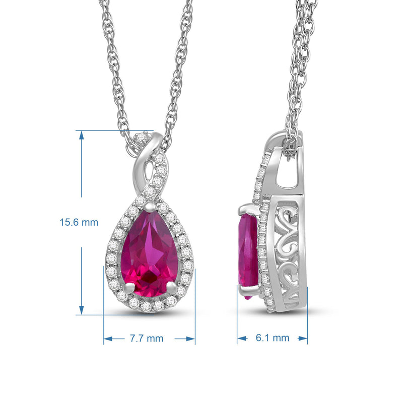 Jewelili Sterling Silver 8x5 MM Pear Shape Created Ruby and White Sapphire Twisted Pendant Necklace