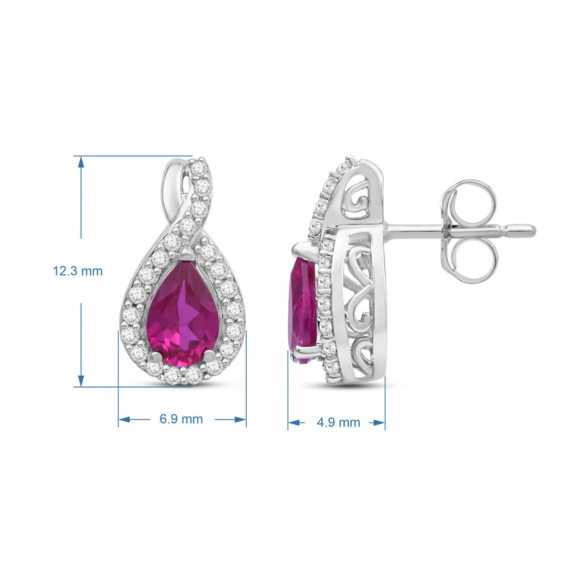 Jewelili Sterling Silver 6x4 MM Pear Shape Created Ruby and Round White Sapphire Earrings