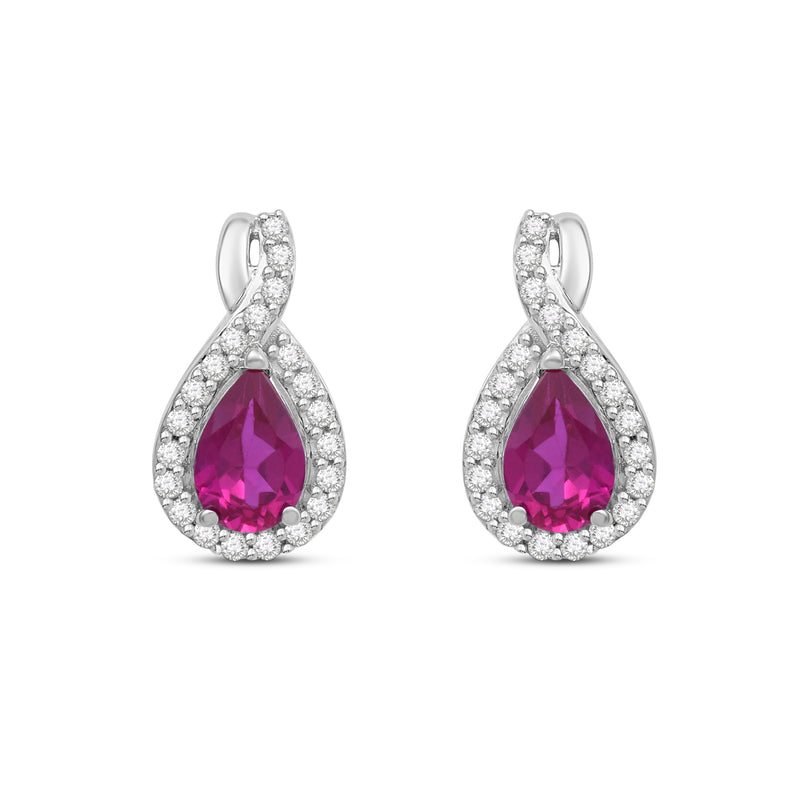 Jewelili Sterling Silver 6x4 MM Pear Shape Created Ruby and Round White Sapphire Earrings
