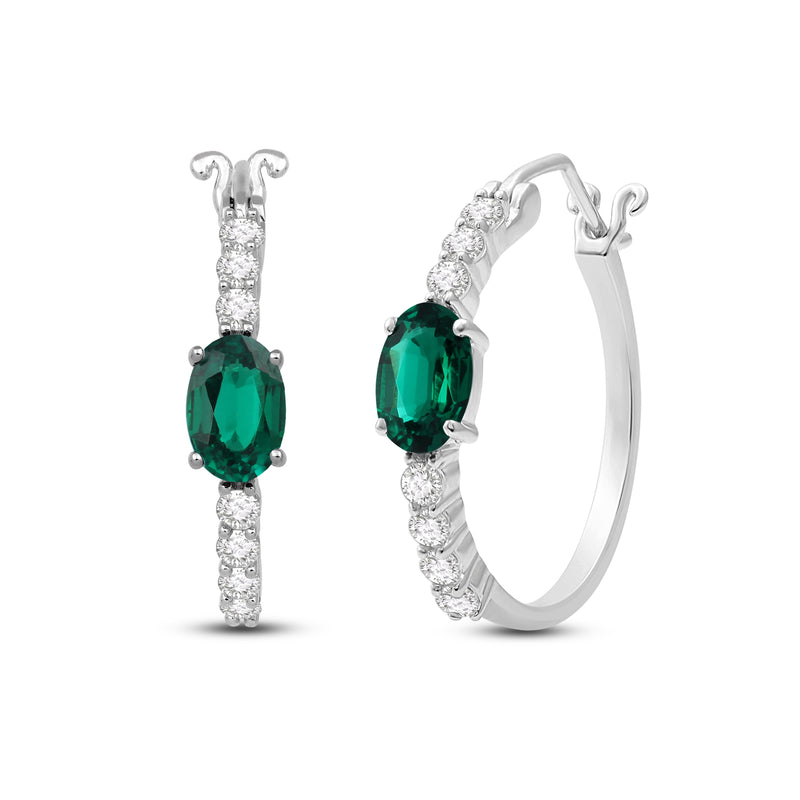 Jewelili Sterling Silver with Created Emerald and Created White Sapphire Hoop Earrings