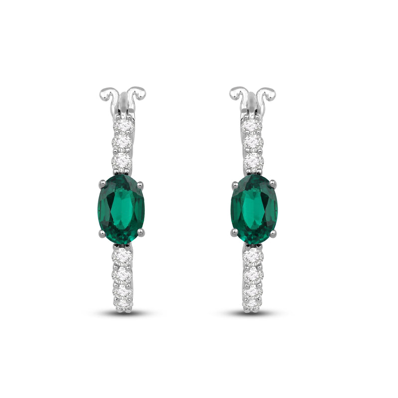 Jewelili Sterling Silver with Created Emerald and Created White Sapphire Hoop Earrings