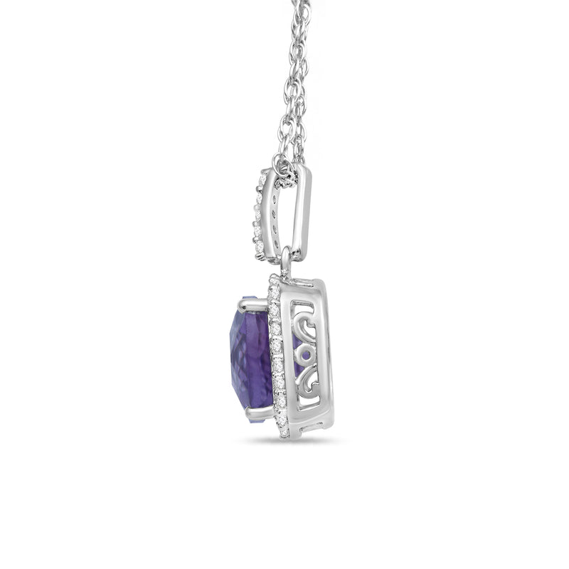 Jewelili Sterling Silver 8x8 MM Cushion Cut Amethyst and Round Created White Sapphire Halo Pendant Necklace