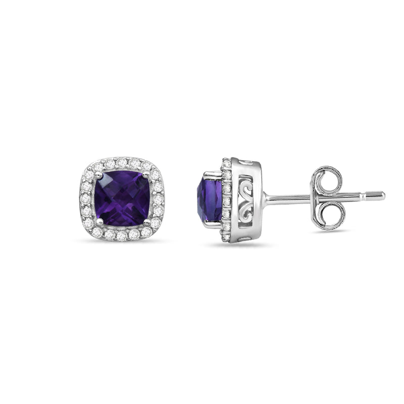 Jewelili Sterling Silver Cushion Cut Amethyst and Round Created White Sapphire Halo Studs Earrings