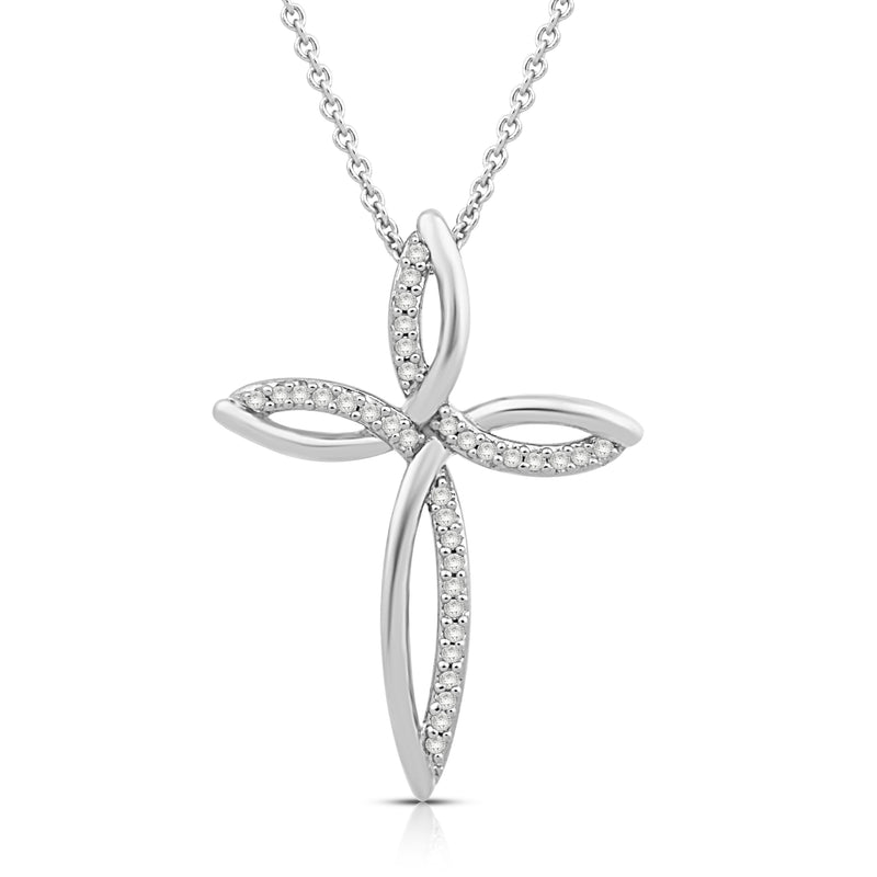 Jewelili Sterling Silver 1/8 Cttw Natural White Round Diamond Cross Pendant Necklace