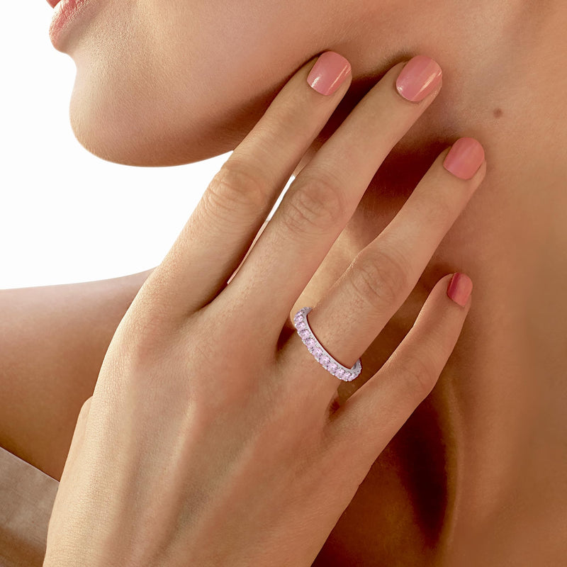 Jewelili Sterling Sliver Pink Sapphire Cubic Zirconia Half Eternity Promise Wedding Band