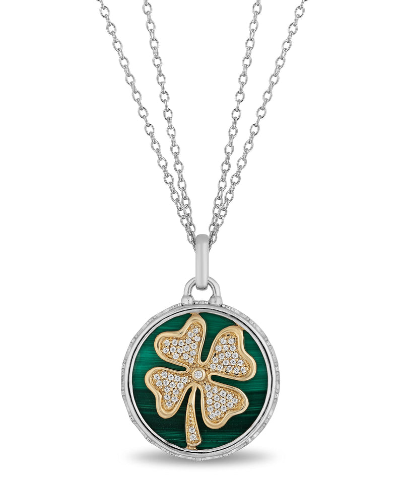 Jewelili 14K Yellow Gold and Sterling Silver 16 MM Malachite with 1/10 Cttw Natural White Round Diamond Clover Pendant Necklace