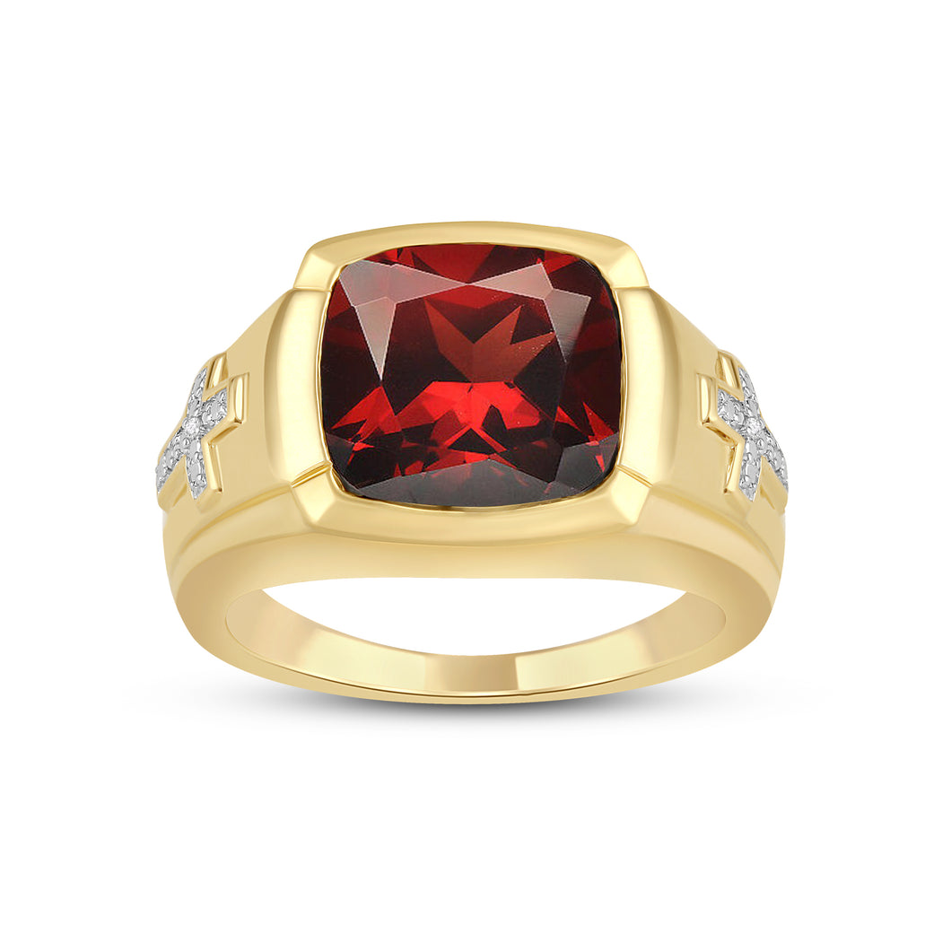 Jewelili 18K Yellow Gold Over Sterling Silver with Garnet and Natural White Round Diamond Accent Men's Ring