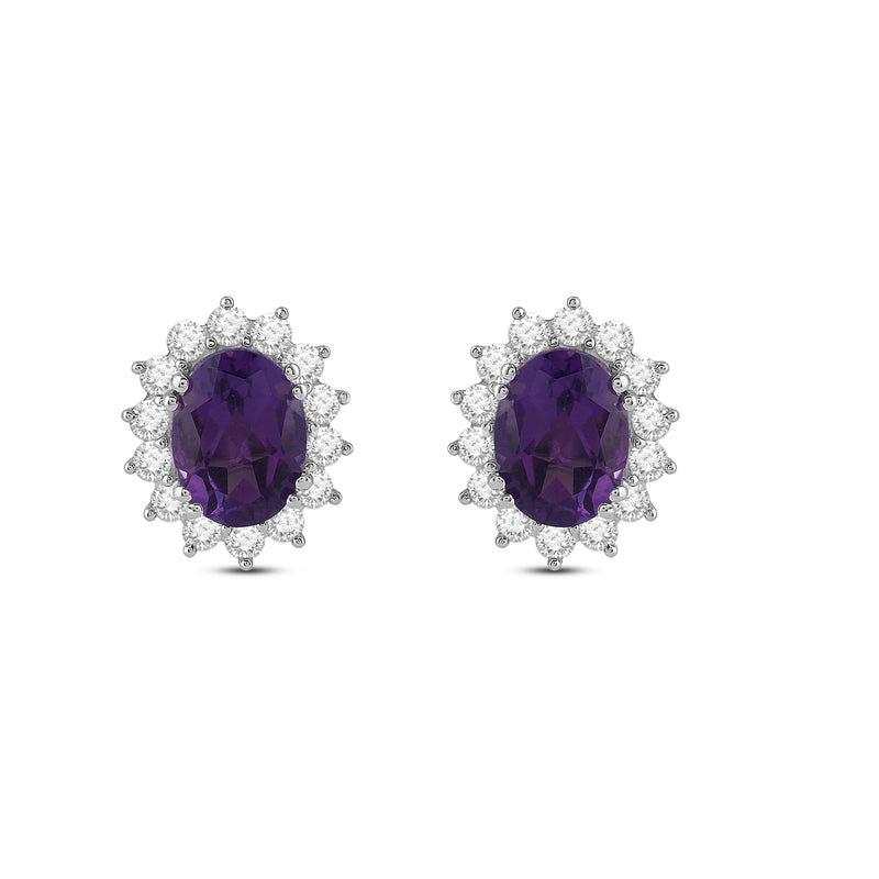 Jewelili Sterling Silver with Created Amethyst and Created White Sapphire Halo Stud Earrings