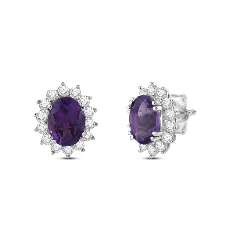 Jewelili Sterling Silver with Created Amethyst and Created White Sapphire Halo Stud Earrings