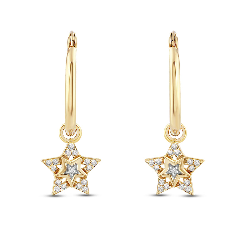 Jewelili 18K Yellow Gold Over Sterling Silver 1/10 CTTW White Diamonds Star Huggie Earrings