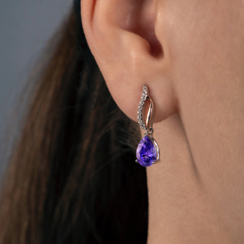 Jewelili 14K Rose Gold over Sterling Silver with Amethyst and Created White Sapphire Dangle Earrings