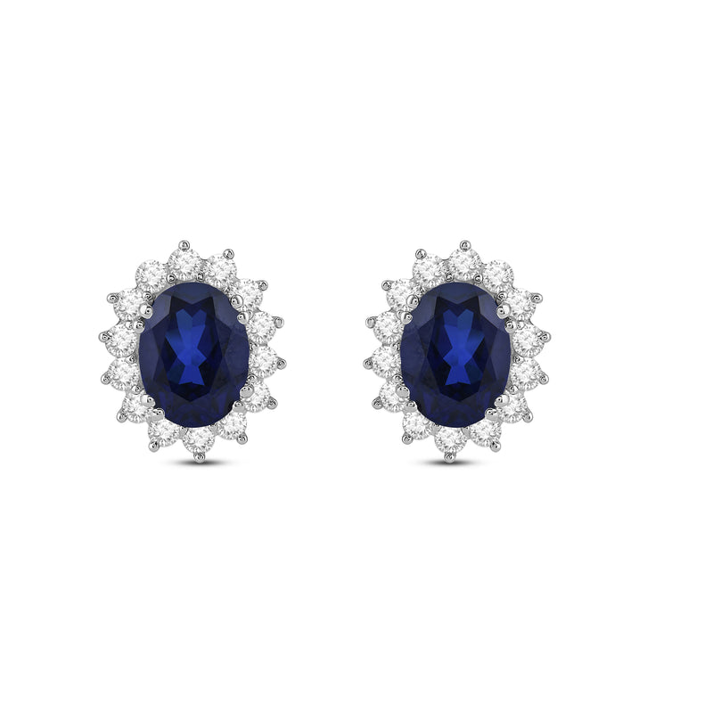 Jewelili Sterling Silver with Created Blue Sapphire and Created White Sapphire Halo Stud Earrings