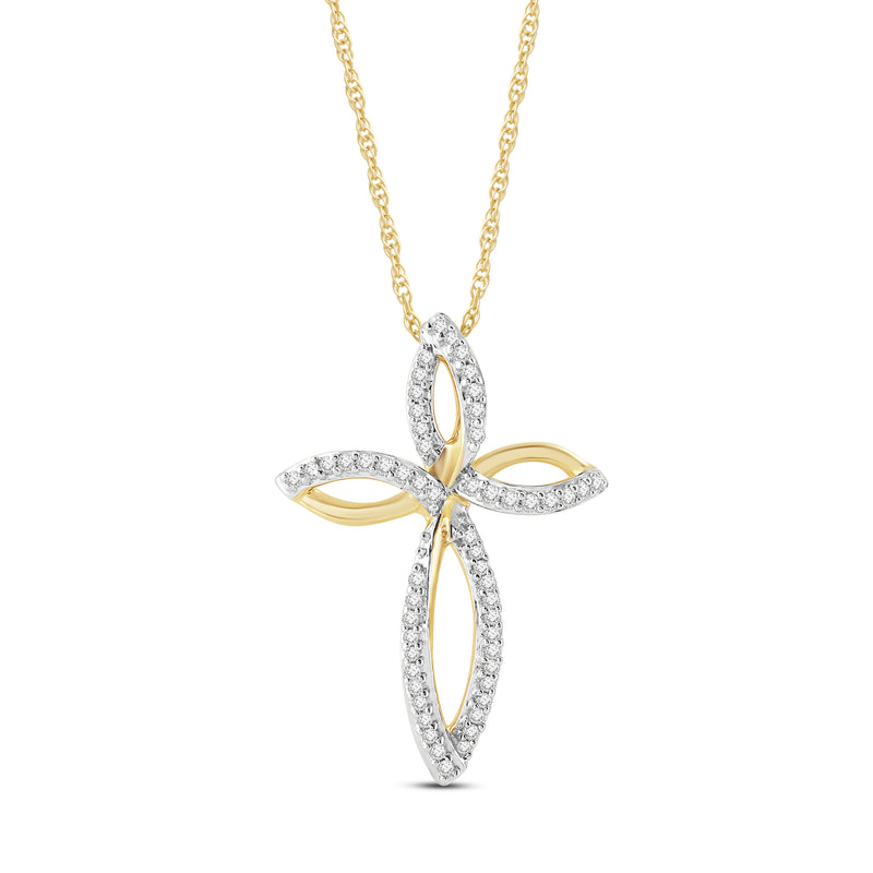 Jewelili 10K Yellow Gold with 1/10 CTTW Diamonds Cross Infinity Pendant Necklace