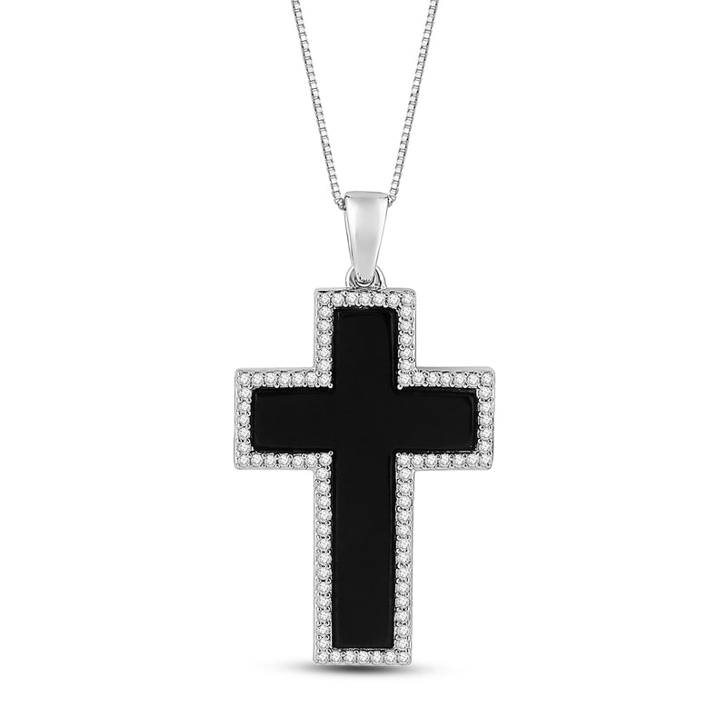 Jewelili Sterling Silver with Black Onyx and 1/4 CTTW Natural White Round Diamonds Men's Cross Pendant Necklace