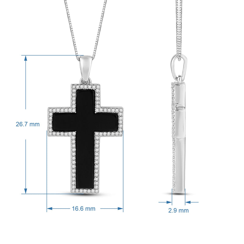 Jewelili Sterling Silver with Black Onyx and 1/4 CTTW Natural White Round Diamonds Men's Cross Pendant Necklace