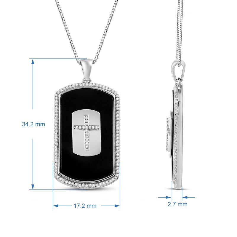 Jewelili Sterling Silver with Black Onyx and 1/3 CTTW Natural White Round Diamonds Men's Cross Dog Tag Pendant Necklace