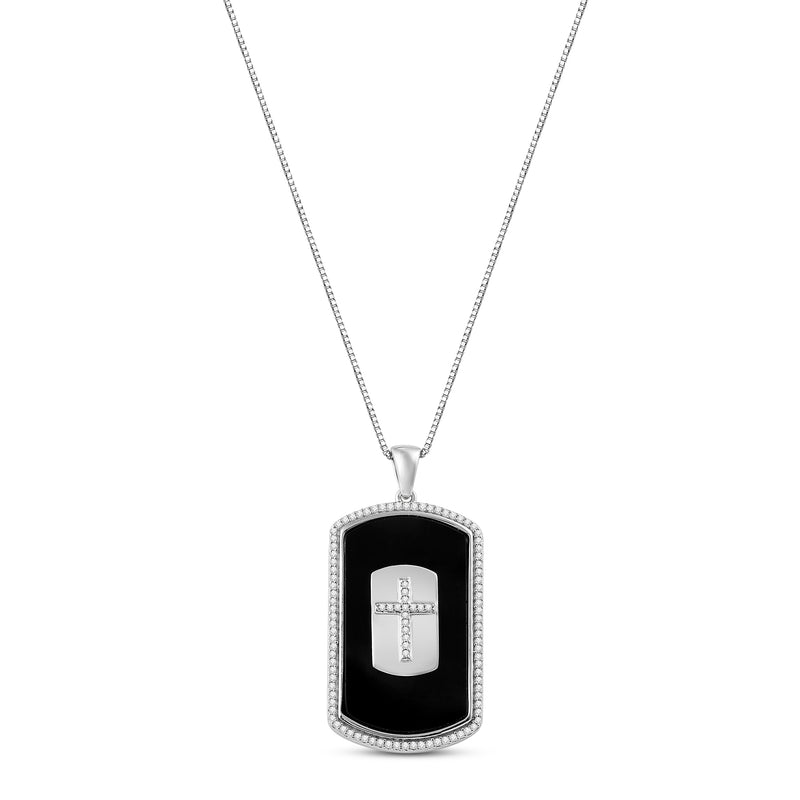 Jewelili Sterling Silver with Black Onyx and 1/3 CTTW Natural White Round Diamonds Men's Cross Dog Tag Pendant Necklace