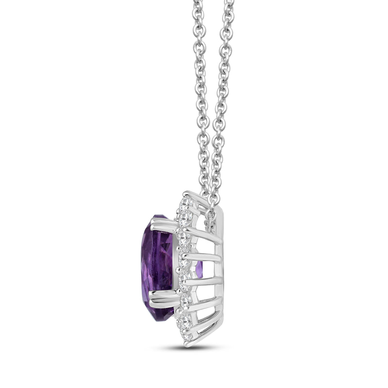 Jewelili Sterling Silver with Genuine Amethyst and Created White Sapphire Halo Pendant Necklace
