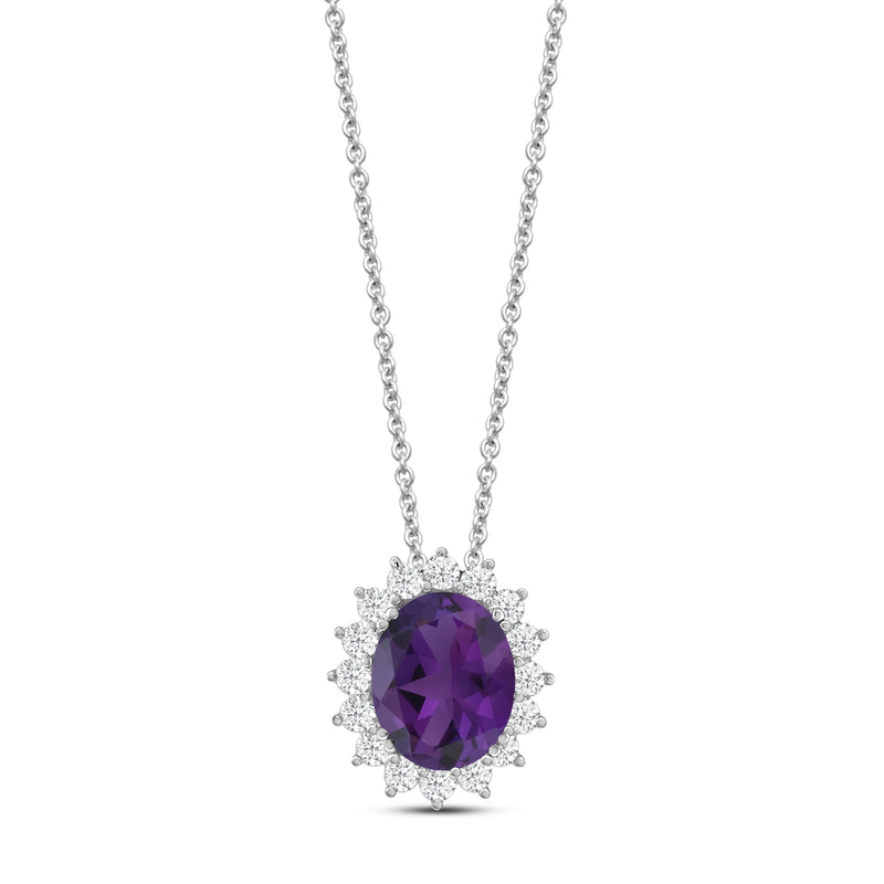 Jewelili Sterling Silver with Genuine Amethyst and Created White Sapphire Halo Pendant Necklace