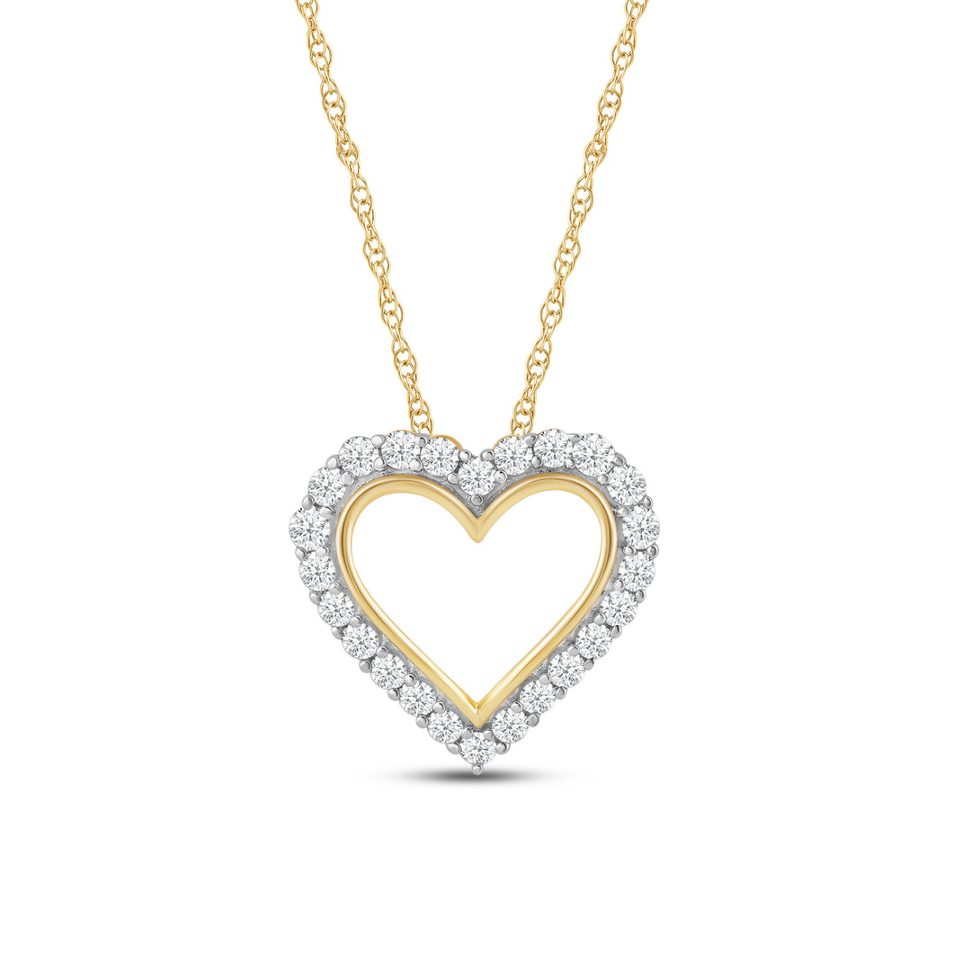 Jewelili 10K Yellow Gold with 1/2 CTTW Diamonds Heart Pendant Necklace