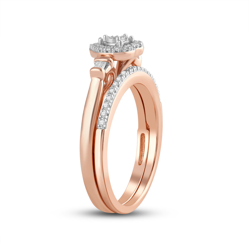 Jewelili 14K  Rose Gold over Sterling Silver with 1/6 CTTW Diamonds Bridal Set Engagement Heart Ring