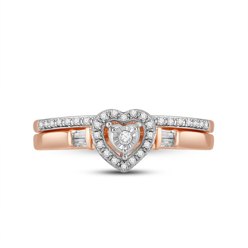 Jewelili 14K  Rose Gold over Sterling Silver with 1/6 CTTW Diamonds Bridal Set Engagement Heart Ring