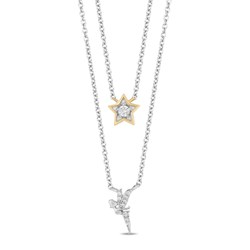 Enchanted Disney Fine Jewelry Sterling Silver and 10K Yellow Gold 1/10 Cttw Tinker Bell Double Chain Necklace