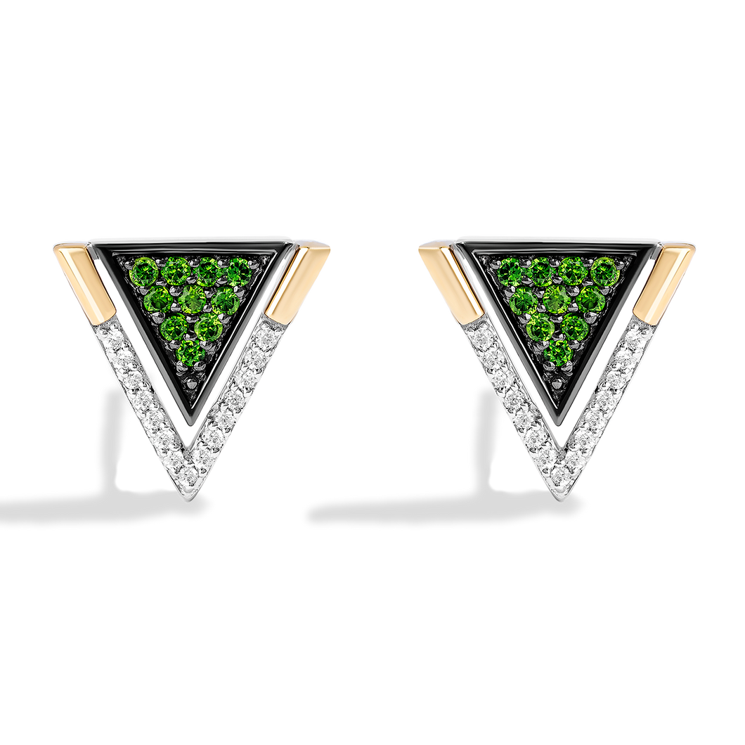 Star Wars Luke Skywalker™ LIGHT X DARK WOMEN'S Diamond EARRINGS 1/10 CT.TW. White Diamonds and chrome diopside Silver and 10K Yellow Gold Front view