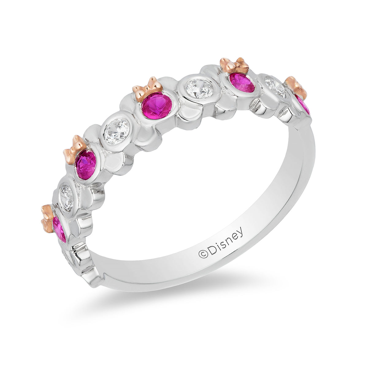 Jewelili Mickey Minnie Ring with White Diamonds and Created Round Ruby ...
