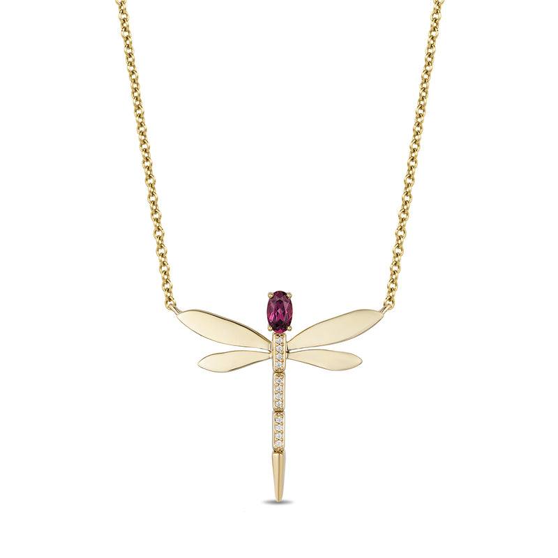 Enchanted Disney Fine Jewelry 10K Yellow Gold with Diamond Accent and Rhodolite Garnet Mulan Dragonfly Necklace