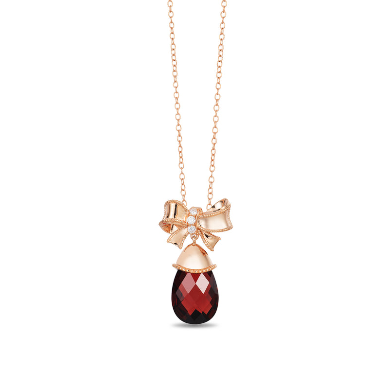 Enchanted Disney Fine Jewelry 14K Rose Gold with 1/10 Cttw Diamond and Red Garnet Snow White Bow Pendant